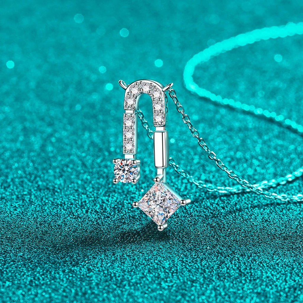 Geometric Moissanite Pendant Necklace with CZ in Rhodium-Plated S925 sterling silver close-up product scene showing pendant setting
