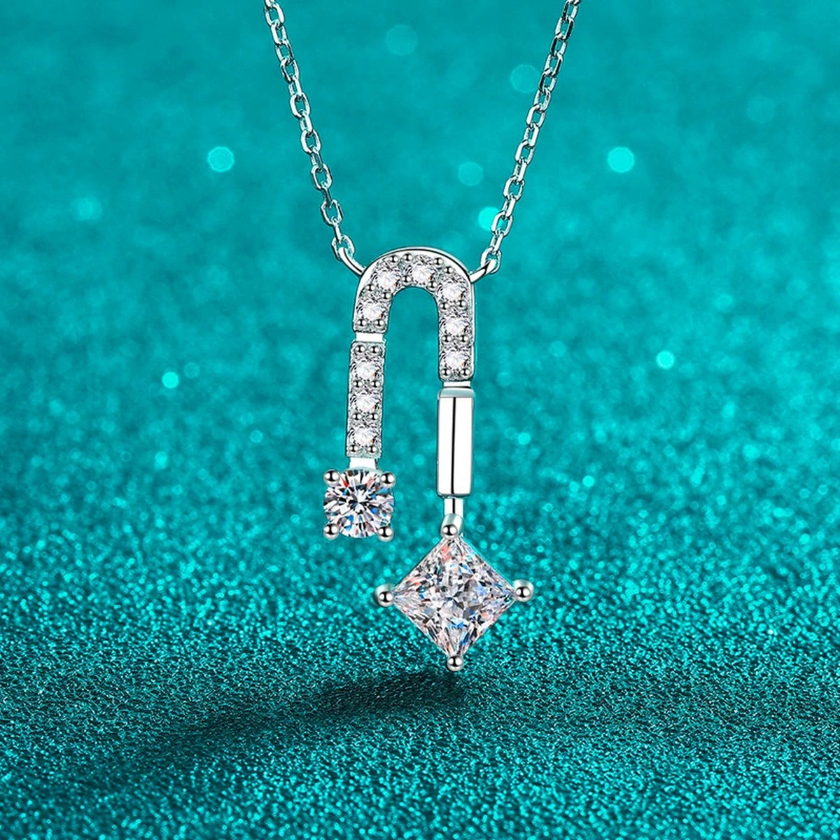 Geometric Moissanite Pendant Necklace with CZ in Rhodium-Plated S925 sterling silver display scene showing chain and stone layout