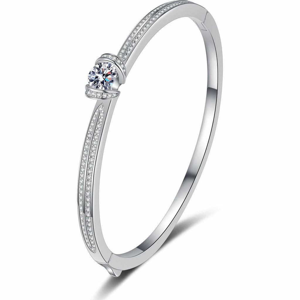 Round Moissanite Solitaire Bangle in Rhodium-Plated S925 sterling silver white background product photo showing bangle shape and moissanite setting