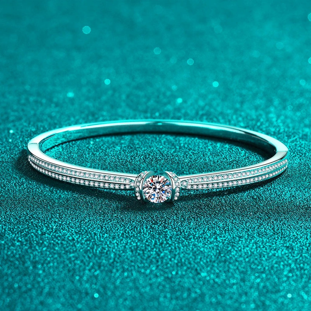 Round Moissanite Solitaire Bangle in Rhodium-Plated S925 sterling silver close-up bangle detail view showing stone setting and polished finish