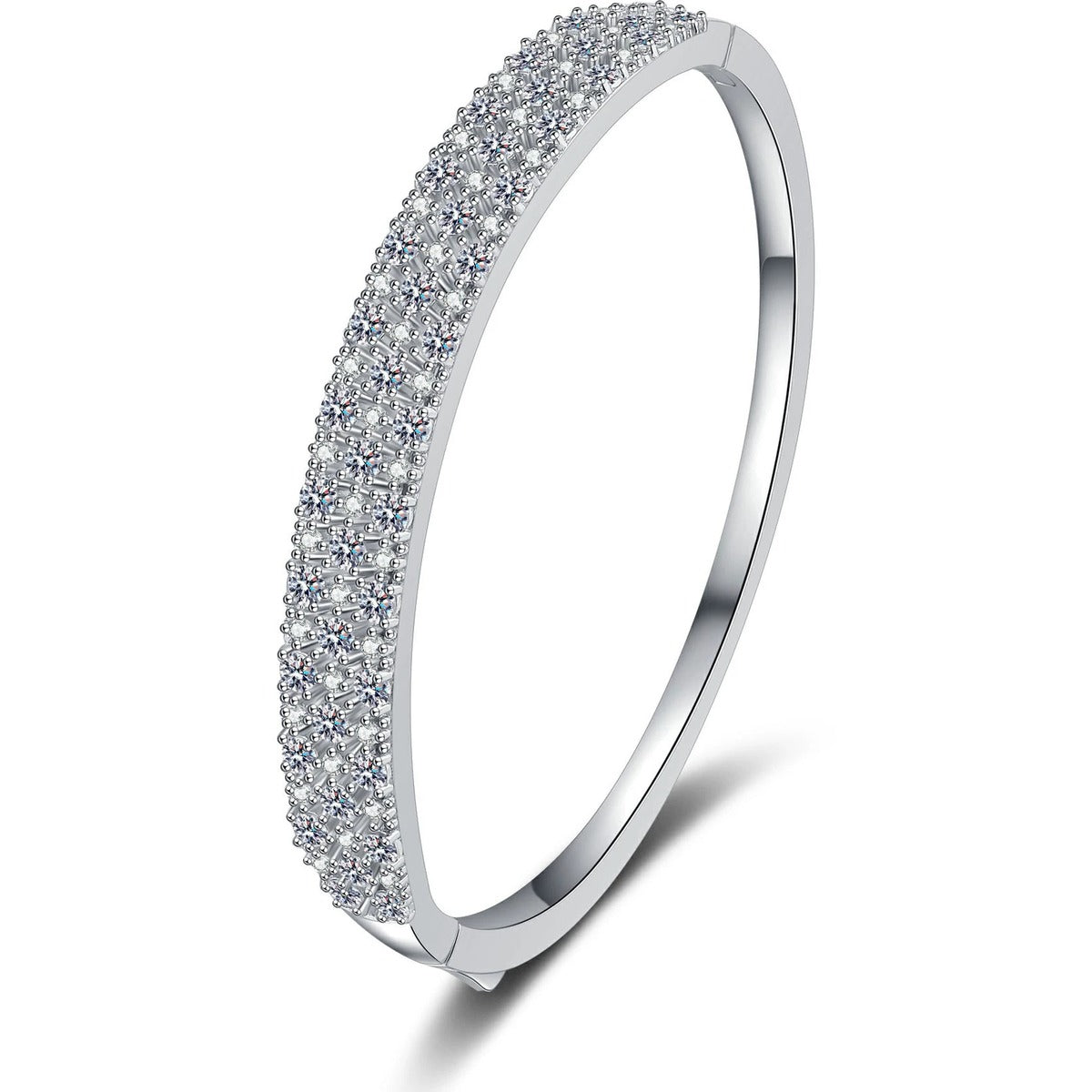 Wide Round Moissanite Pave Bangle in Rhodium-Plated S925 sterling silver white background product photo showing bangle shape and moissanite setting