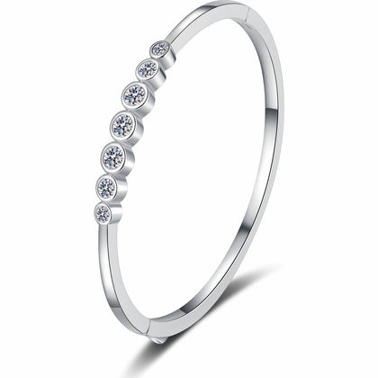 Beaded Round Moissanite Bangle in Rhodium-Plated S925 sterling silver white background product photo showing bangle shape and moissanite setting