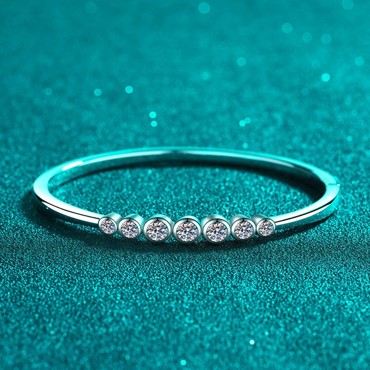 Beaded Round Moissanite Bangle in Rhodium-Plated S925 sterling silver close-up bangle detail view showing stone setting and polished finish