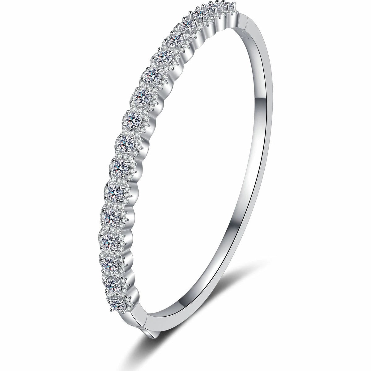 Double-Row Round Moissanite Bangle in Rhodium-Plated S925 sterling silver white background product photo showing bangle shape and moissanite setting