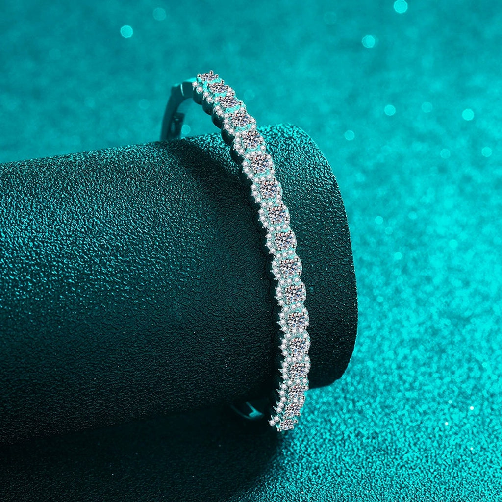 Double-Row Round Moissanite Bangle in Rhodium-Plated S925 sterling silver styled product scene showing moissanite sparkle and bangle detail