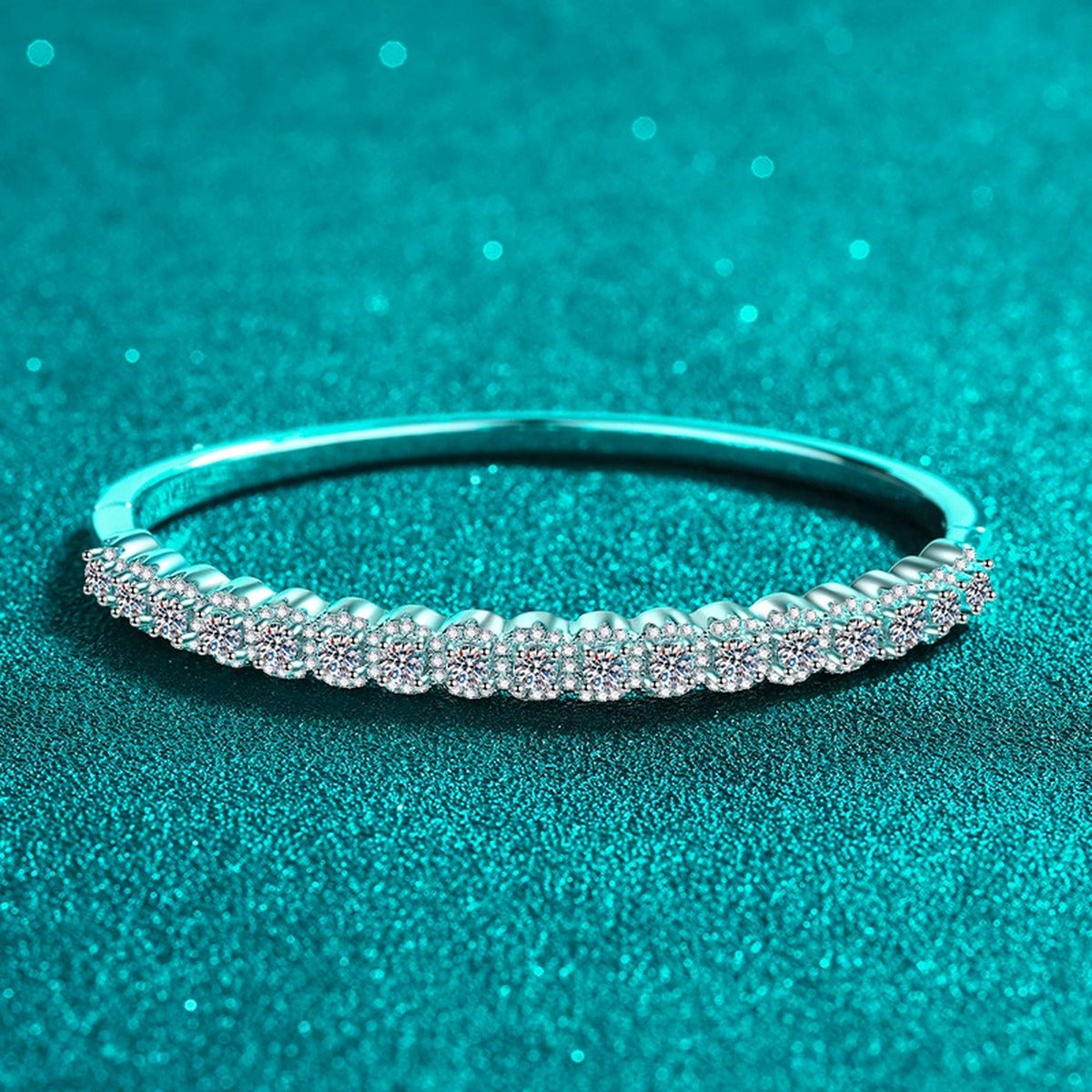 Double-Row Round Moissanite Bangle in Rhodium-Plated S925 sterling silver angled product display showing bangle silhouette