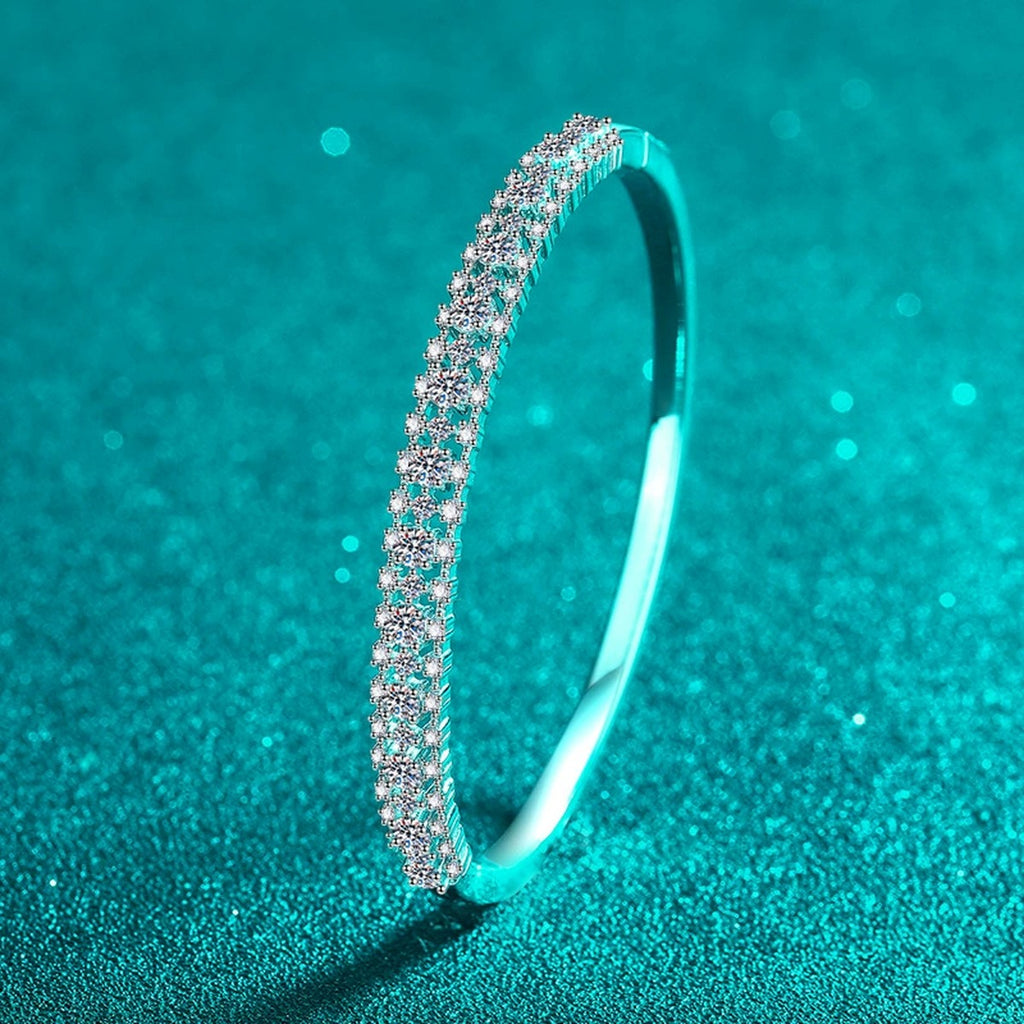 Multi-Size Round Moissanite Pave Bangle in Rhodium-Plated S925 sterling silver styled product scene showing moissanite sparkle and bangle detail