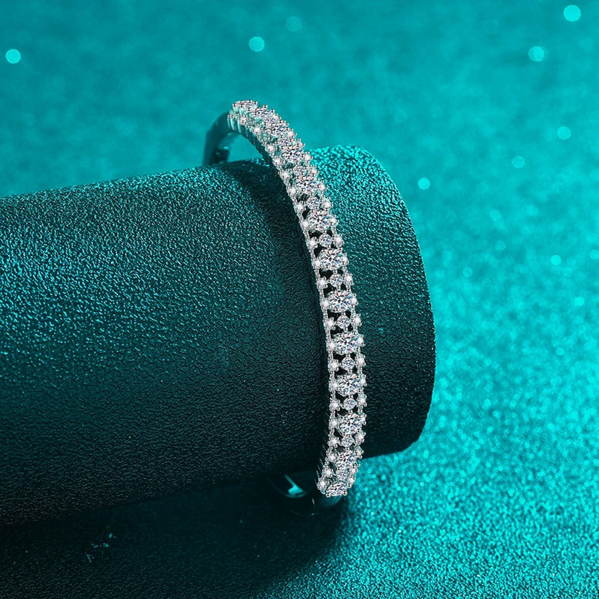 Multi-Size Round Moissanite Pave Bangle in Rhodium-Plated S925 sterling silver close-up bangle detail view showing stone setting and polished finish