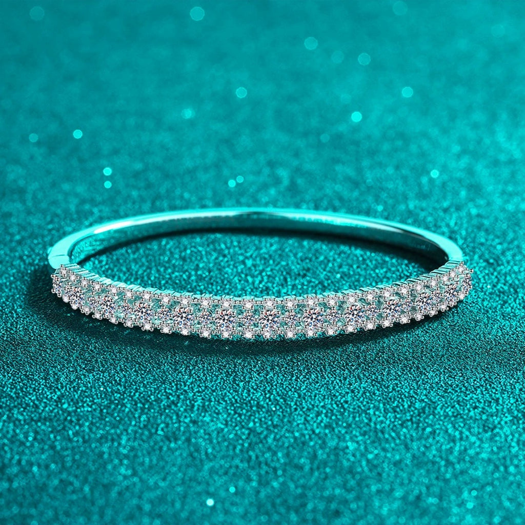Multi-Size Round Moissanite Pave Bangle in Rhodium-Plated S925 sterling silver angled product display showing bangle silhouette