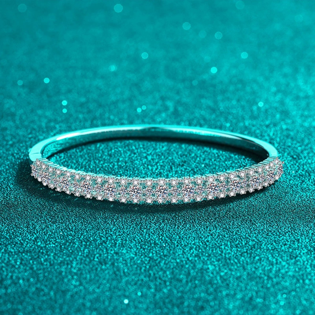 Multi-Size Round Moissanite Pave Bangle in Rhodium-Plated S925 sterling silver angled product display showing bangle silhouette