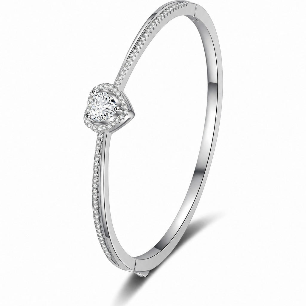 Heart-Cut Moissanite Bangle in Rhodium-Plated S925 sterling silver white background product photo showing bangle shape and moissanite setting