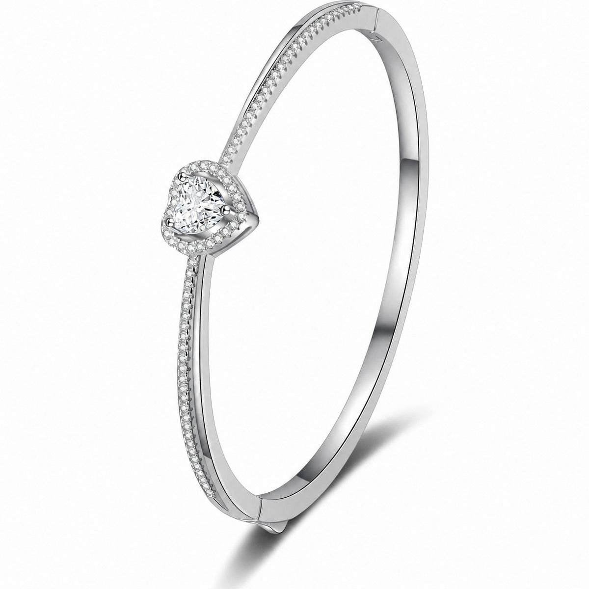 Heart-Cut Moissanite Bangle in Rhodium-Plated S925 sterling silver white background product photo showing bangle shape and moissanite setting