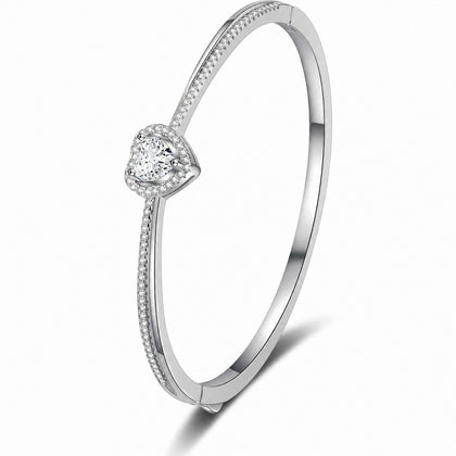 Heart-Cut Moissanite Bangle in Rhodium-Plated S925 sterling silver white background product photo showing bangle shape and moissanite setting