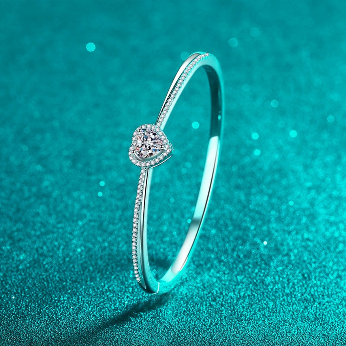 Heart-Cut Moissanite Bangle in Rhodium-Plated S925 sterling silver close-up bangle detail view showing stone setting and polished finish