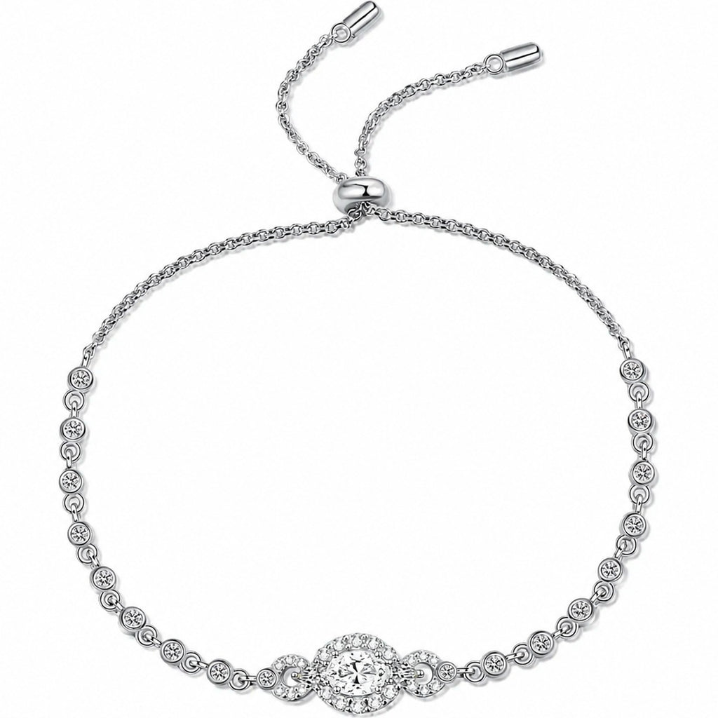 Oval Moissanite Tennis Bracelet with CZ in Rhodium-Plated S925 sterling silver white background product photo showing bracelet shape and moissanite setting