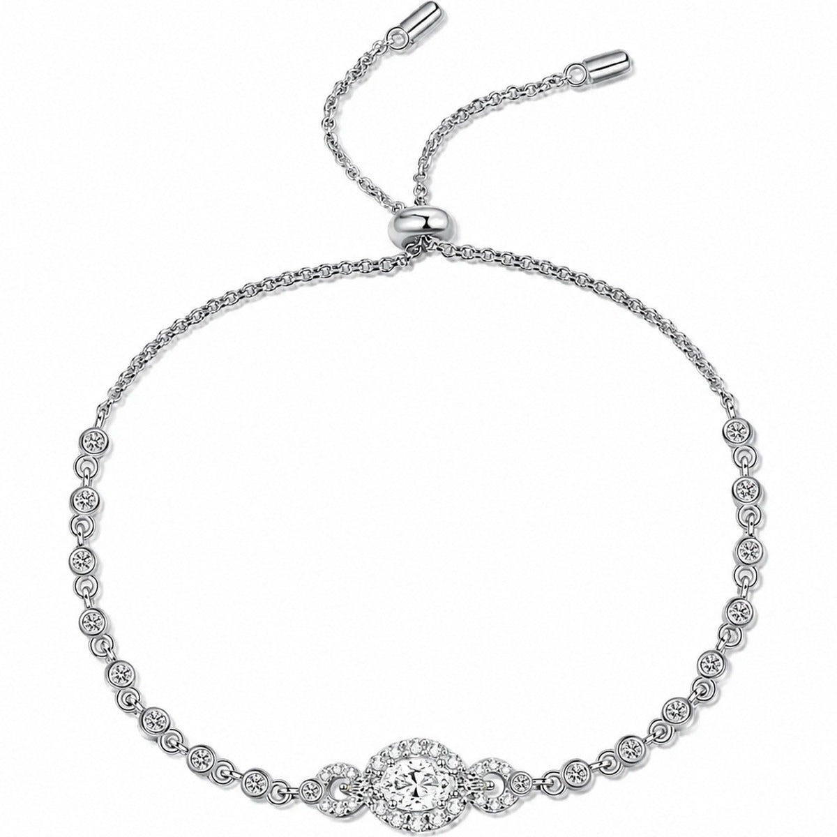 Oval Moissanite Tennis Bracelet with CZ in Rhodium-Plated S925 sterling silver white background product photo showing bracelet shape and moissanite setting