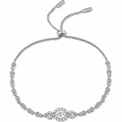 Oval Moissanite Tennis Bracelet with CZ in Rhodium-Plated S925 sterling silver white background product photo showing bracelet shape and moissanite setting