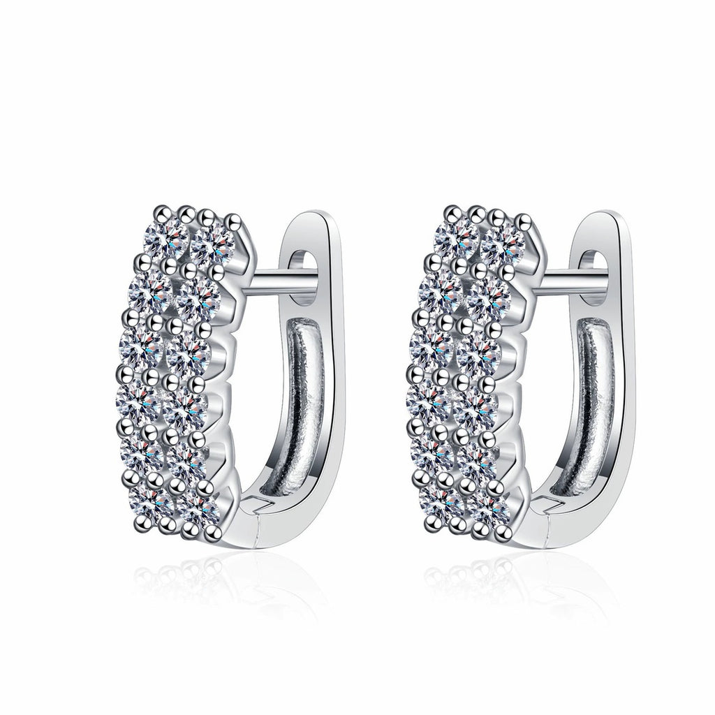 Pave Moissanite Huggie Hoop Earrings in Rhodium-Plated S925 sterling silver white background product photo showing the pair, stone shape, and huggie hoop earrings silhouette