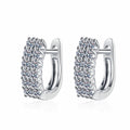 Pave Moissanite Huggie Hoop Earrings in Rhodium-Plated S925 sterling silver white background product photo showing the pair, stone shape, and huggie hoop earrings silhouette