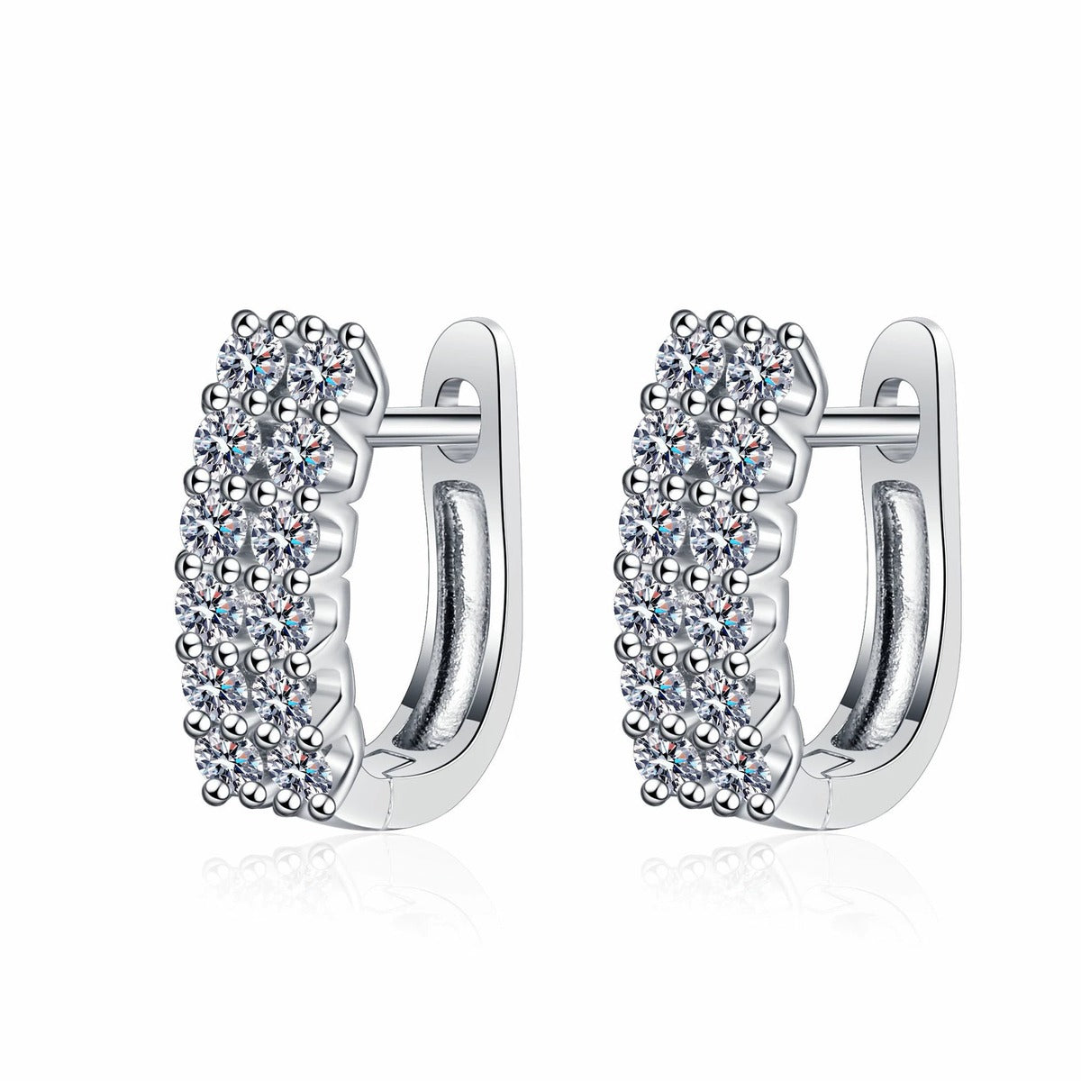 Pave Moissanite Huggie Hoop Earrings in Rhodium-Plated S925 sterling silver white background product photo showing the pair, stone shape, and huggie hoop earrings silhouette