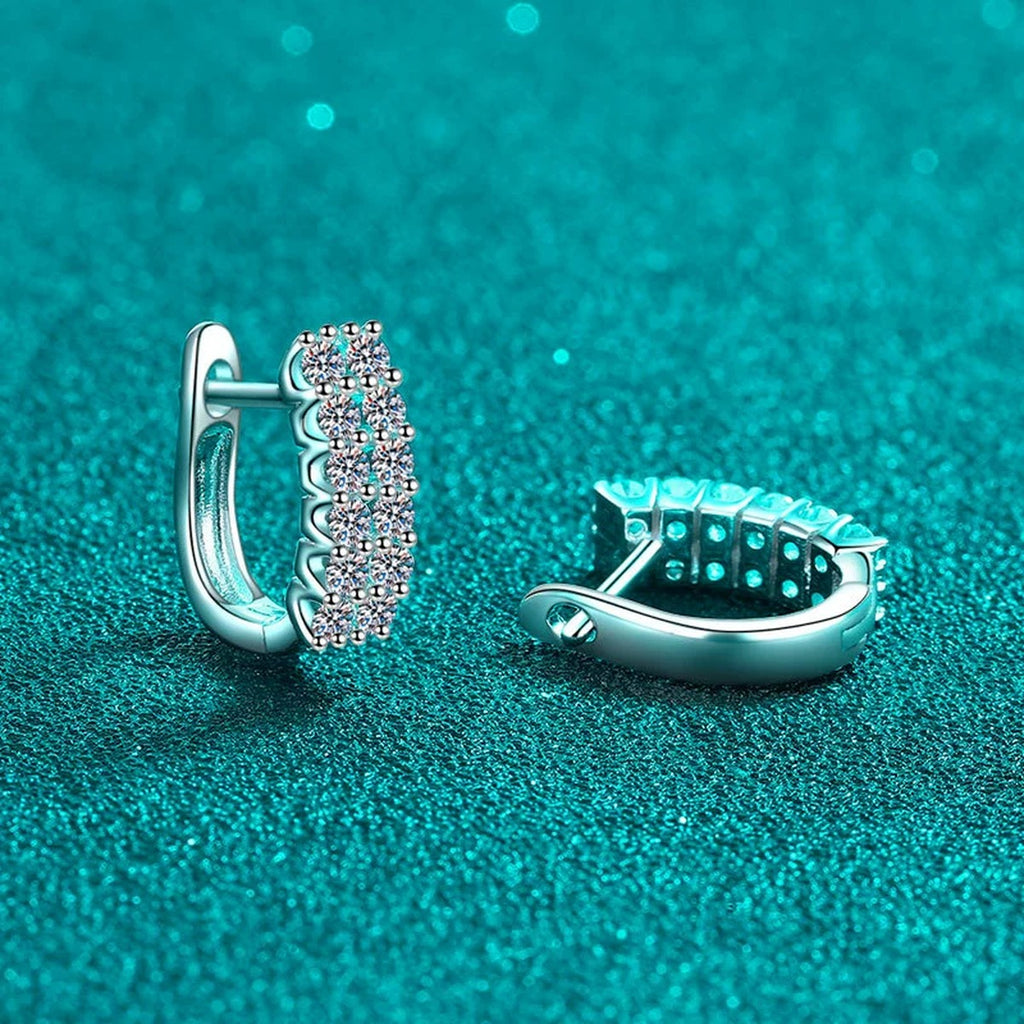 Pave Moissanite Huggie Hoop Earrings in Rhodium-Plated S925 sterling silver product scene view showing side profile