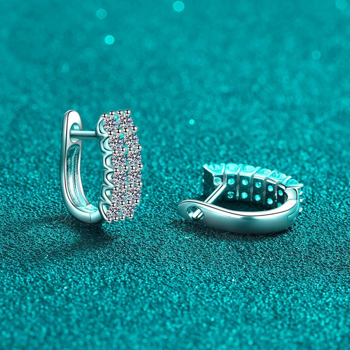 Pave Moissanite Huggie Hoop Earrings in Rhodium-Plated S925 sterling silver product scene view showing side profile