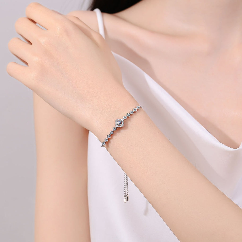 Princess and Round Moissanite Tennis Bracelet in Gold-Plated S925 sterling silver worn on wrist model view showing scale and adjustable fit