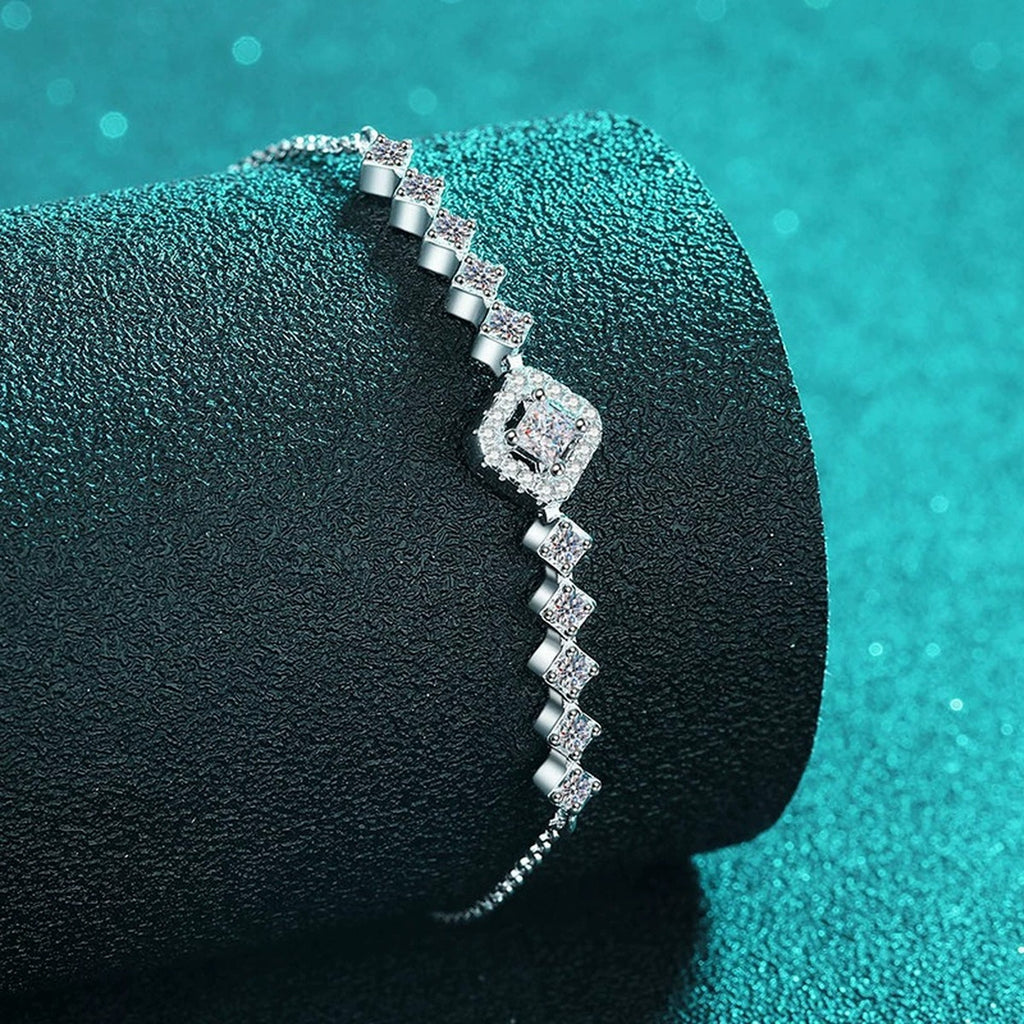 Princess and Round Moissanite Tennis Bracelet in Gold-Plated S925 sterling silver angled product display showing bracelet silhouette