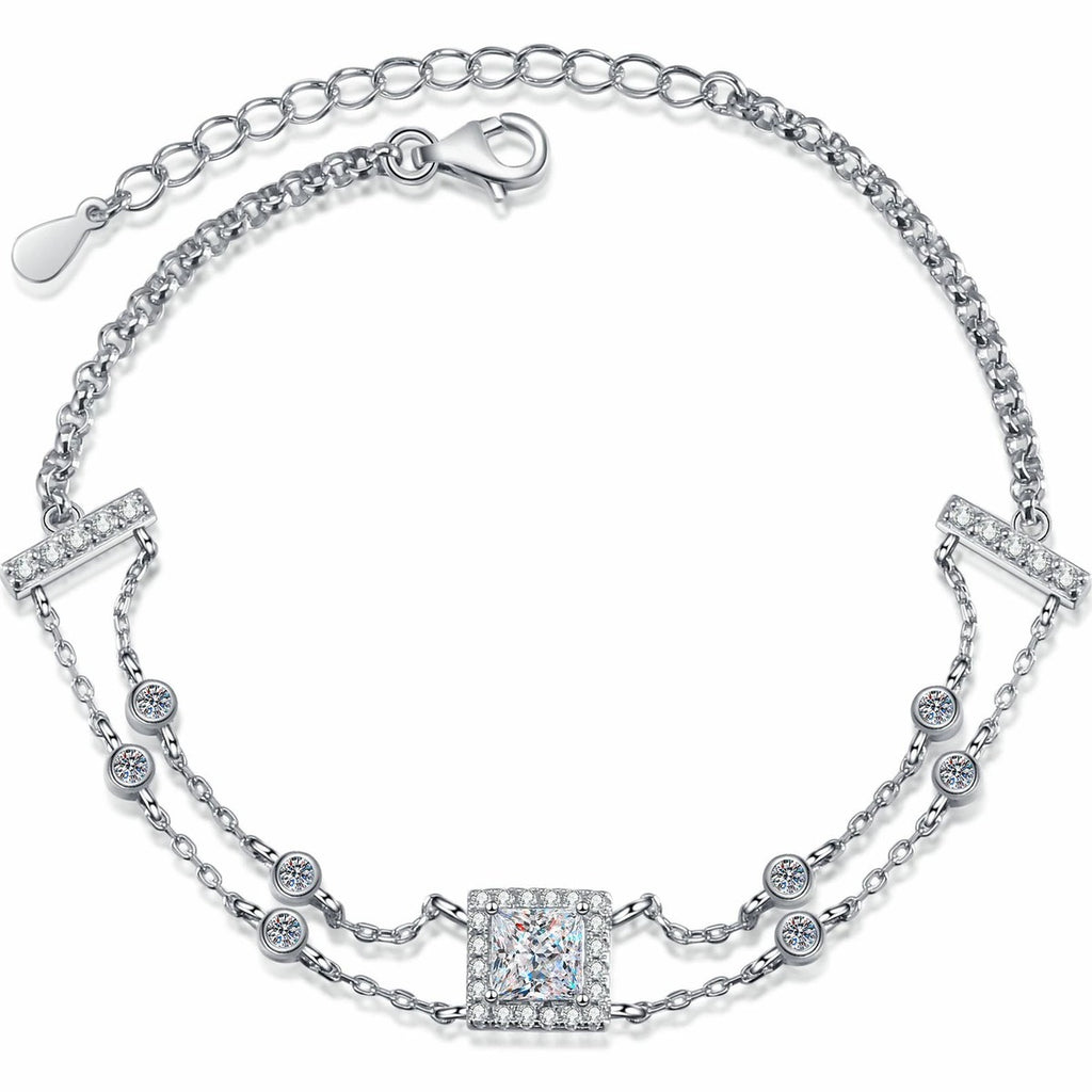 Princess Moissanite Charm Bracelet with CZ in Rhodium-Plated S925 sterling silver white background product photo showing bracelet shape and moissanite setting