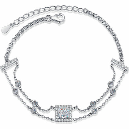 Princess Moissanite Charm Bracelet with CZ in Rhodium-Plated S925 sterling silver white background product photo showing bracelet shape and moissanite setting