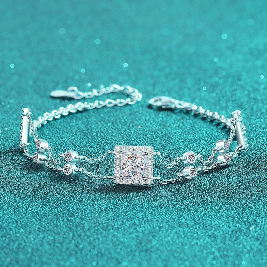 Princess Moissanite Charm Bracelet with CZ in Rhodium-Plated S925 sterling silver styled product scene showing stone sparkle and chain detail