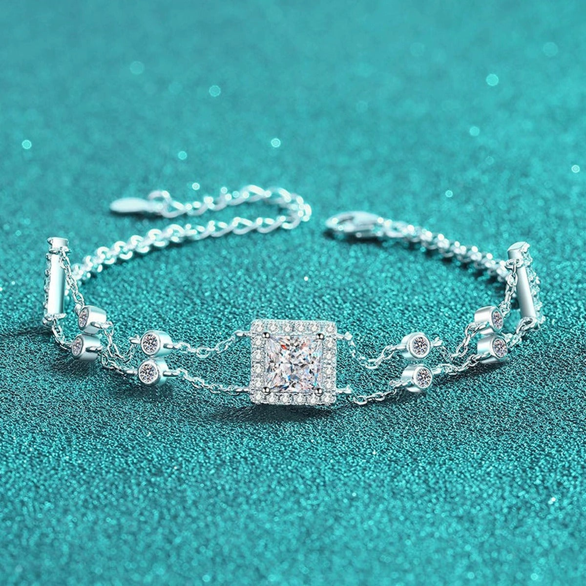Princess Moissanite Charm Bracelet with CZ in Rhodium-Plated S925 sterling silver styled product scene showing stone sparkle and chain detail
