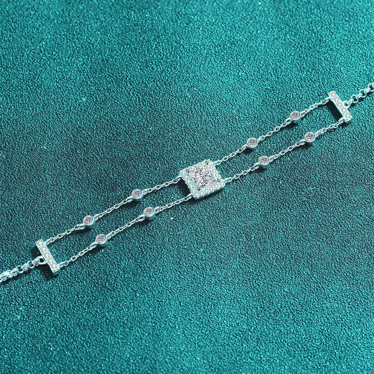 Princess Moissanite Charm Bracelet with CZ in Rhodium-Plated S925 sterling silver close-up bracelet detail view showing clasp and motif