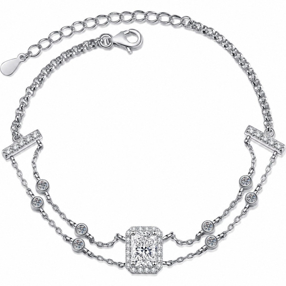 Emerald and Radiant Moissanite Charm Bracelet with CZ in Rhodium-Plated S925 sterling silver white background product photo showing bracelet shape and moissanite setting