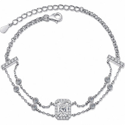 Emerald and Radiant Moissanite Charm Bracelet with CZ in Rhodium-Plated S925 sterling silver white background product photo showing bracelet shape and moissanite setting