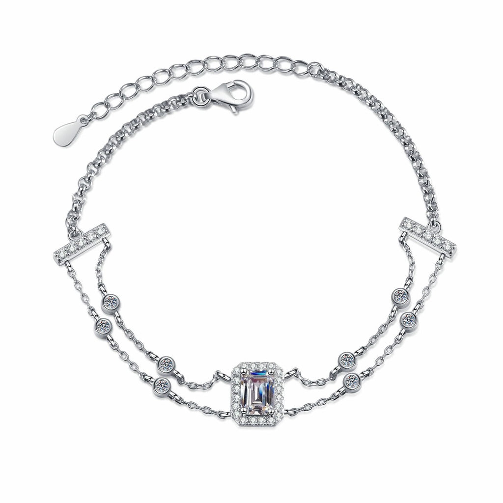 Emerald and Radiant Moissanite Charm Bracelet with CZ in Rhodium-Plated S925 sterling silver styled product scene showing stone sparkle and chain detail