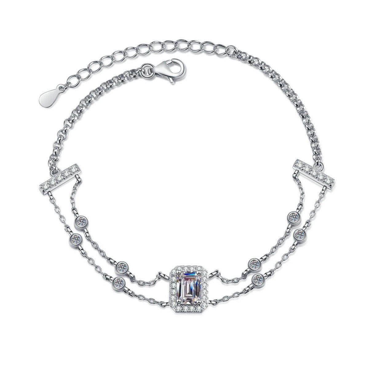 Emerald and Radiant Moissanite Charm Bracelet with CZ in Rhodium-Plated S925 sterling silver styled product scene showing stone sparkle and chain detail