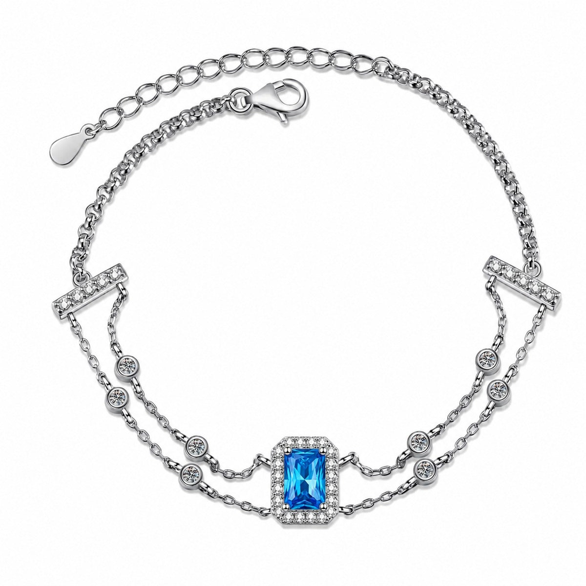 Emerald and Radiant Moissanite Charm Bracelet with CZ in Rhodium-Plated S925 sterling silver additional product photo showing finish and setting