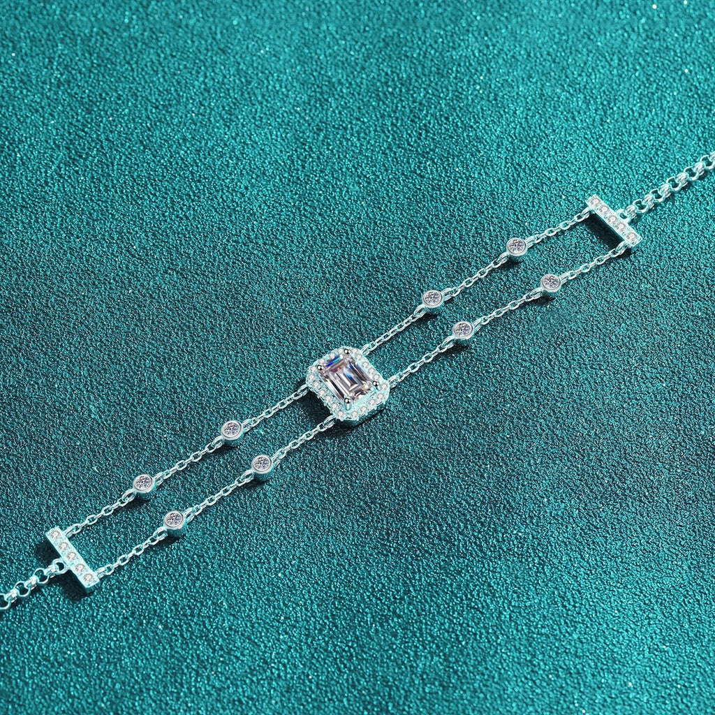 Emerald and Radiant Moissanite Charm Bracelet with CZ in Rhodium-Plated S925 sterling silver additional product photo showing finish and setting