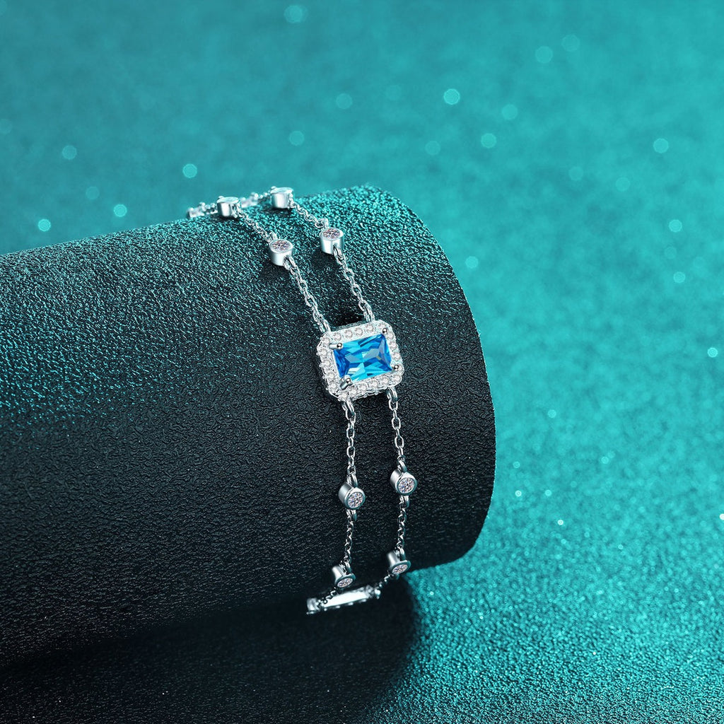 Emerald and Radiant Moissanite Charm Bracelet with CZ in Rhodium-Plated S925 sterling silver additional product photo showing finish and setting