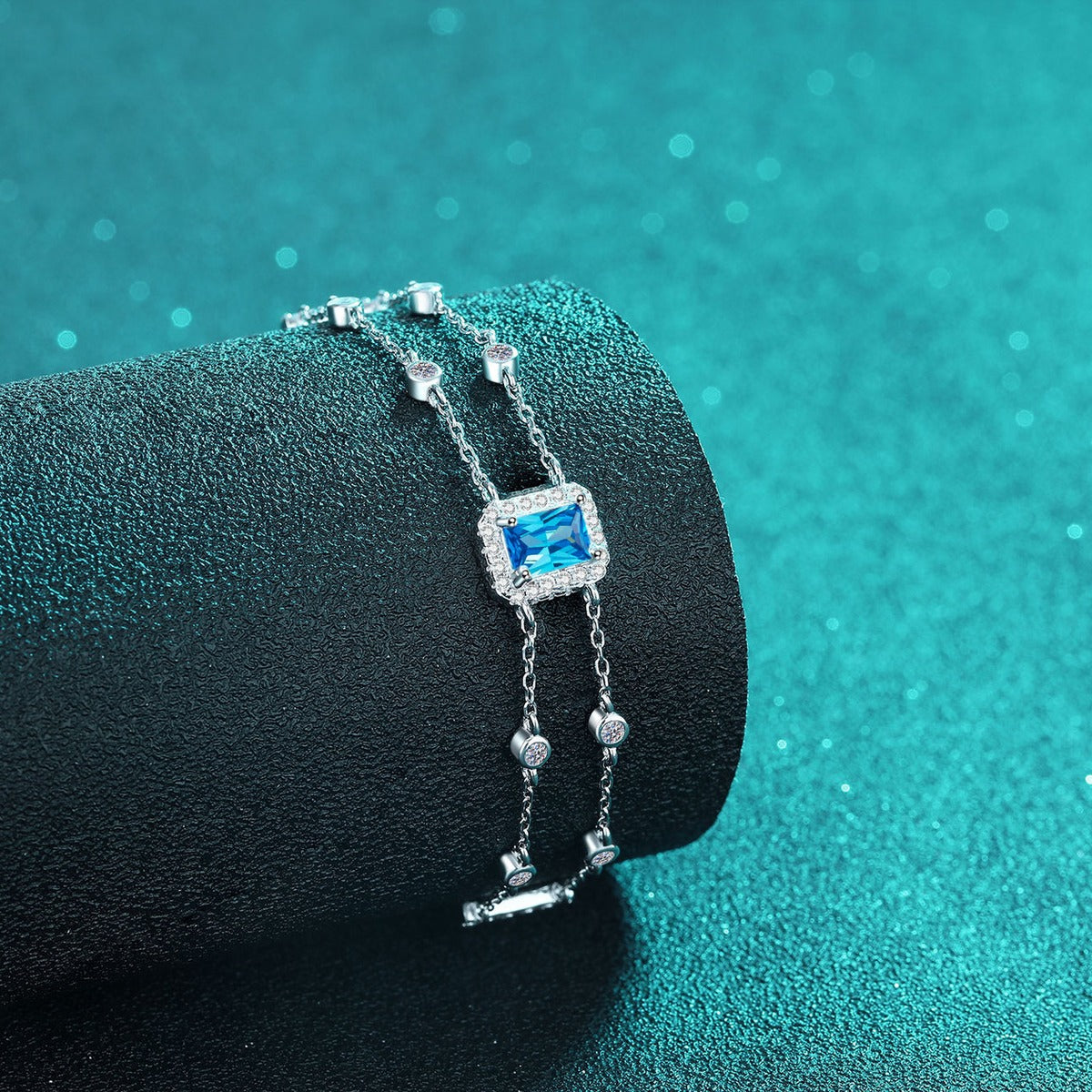 Emerald and Radiant Moissanite Charm Bracelet with CZ in Rhodium-Plated S925 sterling silver additional product photo showing finish and setting