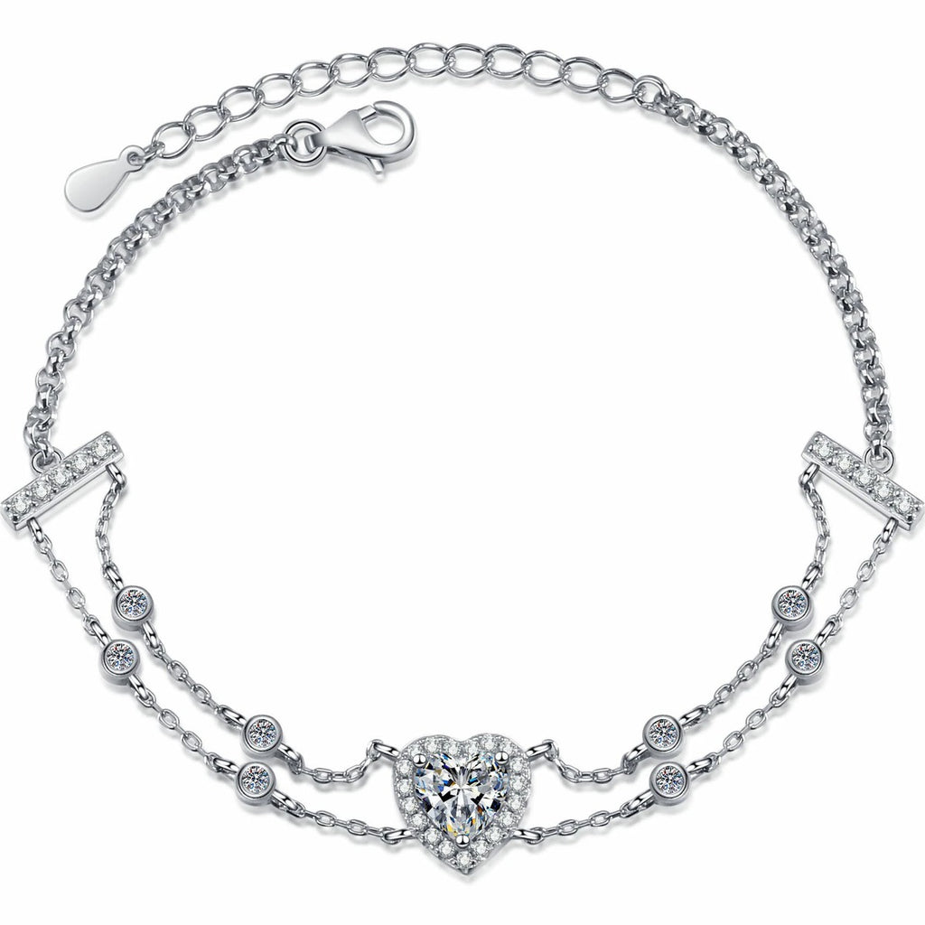 Heart Moissanite Charm Bracelet with CZ in Rhodium-Plated S925 sterling silver white background product photo showing bracelet shape and moissanite setting