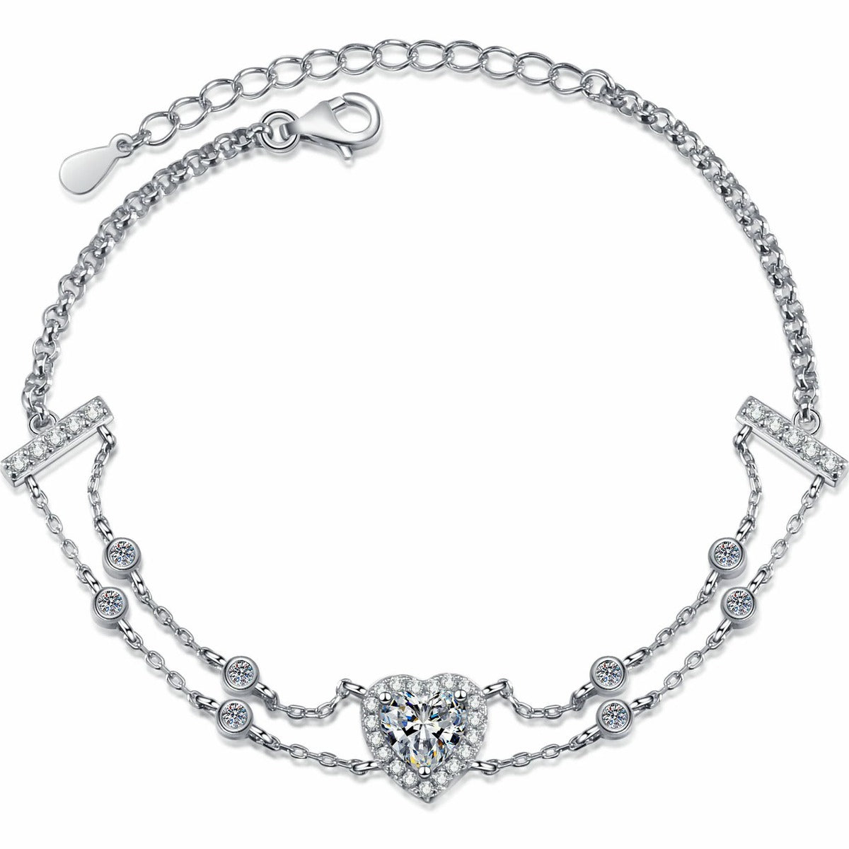 Heart Moissanite Charm Bracelet with CZ in Rhodium-Plated S925 sterling silver white background product photo showing bracelet shape and moissanite setting