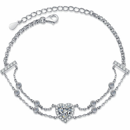 Heart Moissanite Charm Bracelet with CZ in Rhodium-Plated S925 sterling silver white background product photo showing bracelet shape and moissanite setting