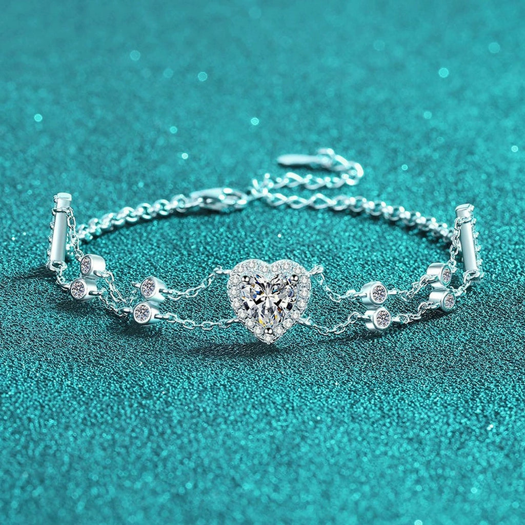 Heart Moissanite Charm Bracelet with CZ in Rhodium-Plated S925 sterling silver styled product scene showing stone sparkle and chain detail