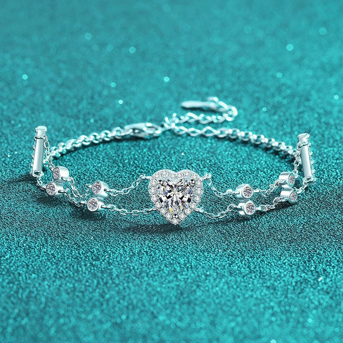 Heart Moissanite Charm Bracelet with CZ in Rhodium-Plated S925 sterling silver styled product scene showing stone sparkle and chain detail