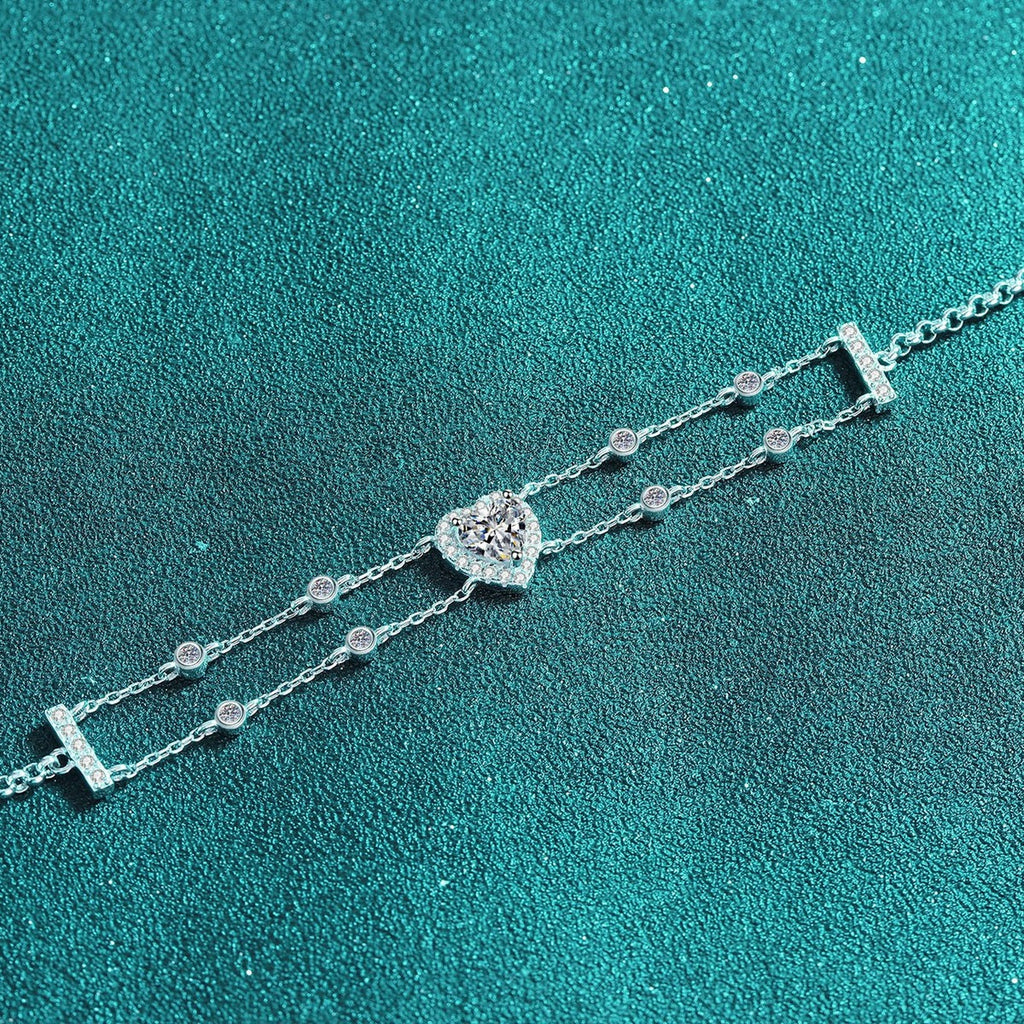 Heart Moissanite Charm Bracelet with CZ in Rhodium-Plated S925 sterling silver close-up bracelet detail view showing clasp and motif