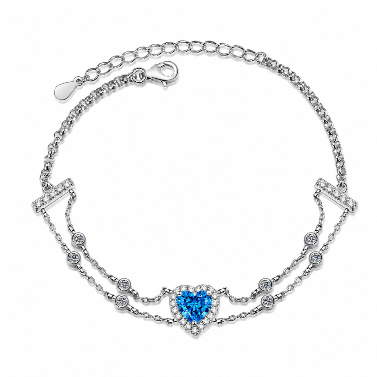 Heart Moissanite Charm Bracelet with CZ in Rhodium-Plated S925 sterling silver angled product display showing bracelet silhouette