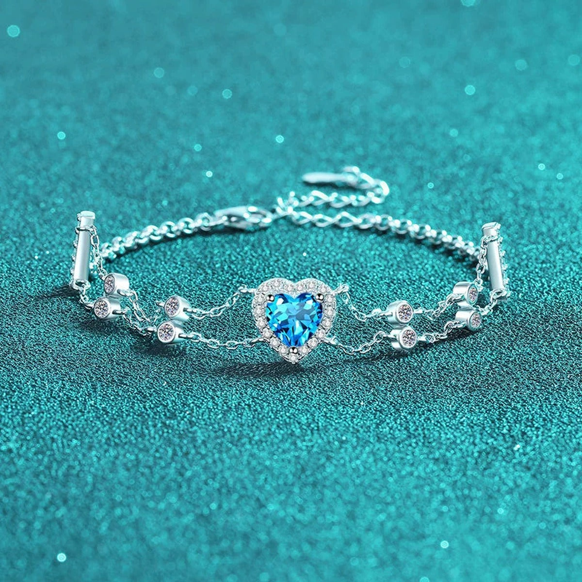Heart Moissanite Charm Bracelet with CZ in Rhodium-Plated S925 sterling silver additional product photo showing finish and setting