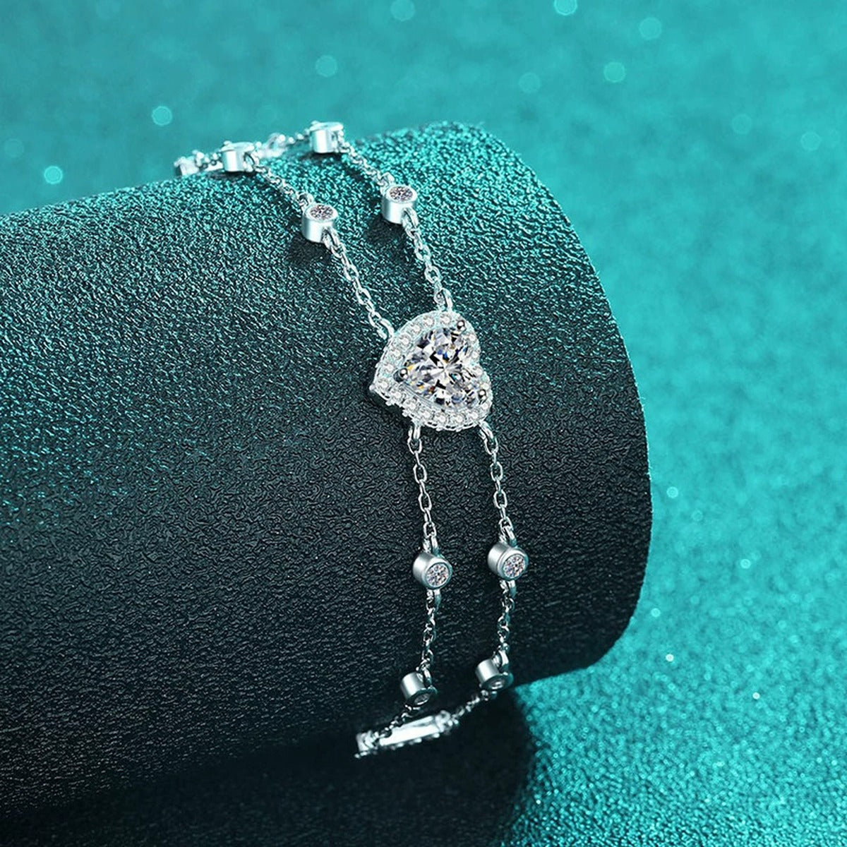 Heart Moissanite Charm Bracelet with CZ in Rhodium-Plated S925 sterling silver additional product photo showing finish and setting